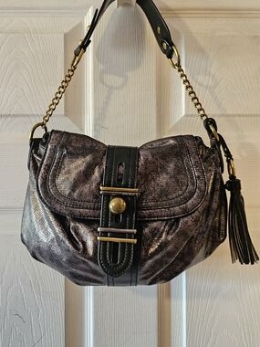 Nine West Metallic Bronze Hobo Bag Shoulder Purse Chain Strap Tassel Slouchy